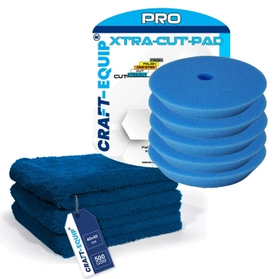 8er Pack Craft-Equip PRO Ø80mm DA Polierschwämme XTRA-CUT BLAU + Microfasertücher