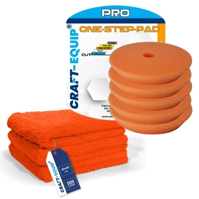 8er Pack Craft-Equip PRO Ø125mm DA Polierschwämme ONE-STEP ORANGE + Microfasertücher