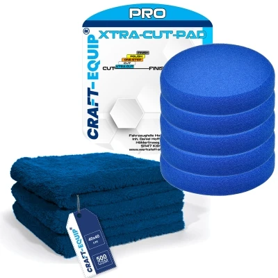 8er Pack Craft-Equip PRO Ø80mm RO Polierschwämme XTRA-CUT BLAU + Microfasertücher