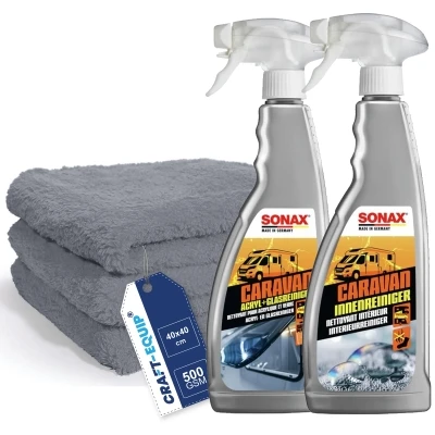 SONAX 750ml Caravan Innenreiniger + SONAX 750ml Caravan Acryl/Glasreiniger + Microfasertücher