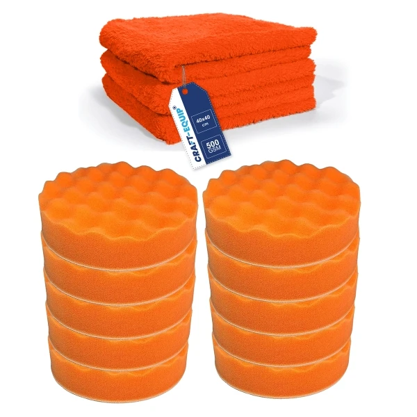 13er Sparpack Craft-Equip 150mm Polierschwämme orange gewaffelt + Microfasertücher