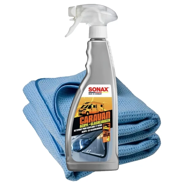 SONAX 750ml Caravan Acryl/Glasreiniger + 2 Stück Craft-Equip Trockenwunder Microfasertücher