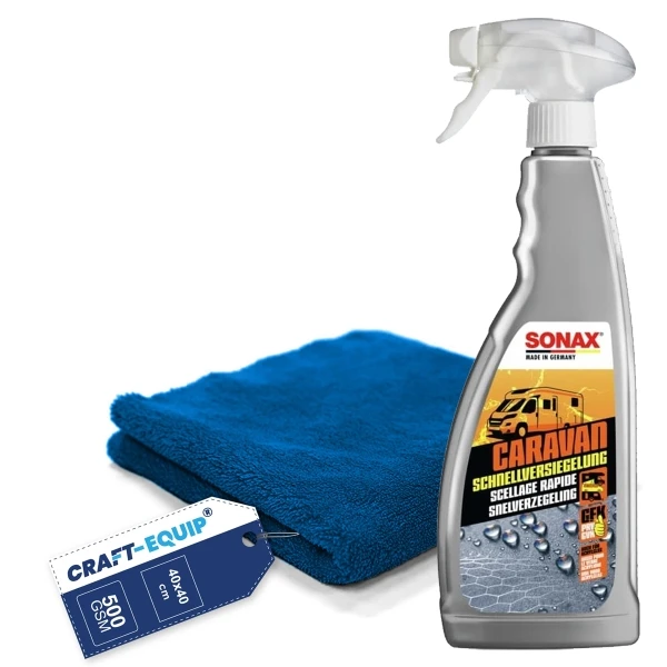 SONAX 750ml Caravan Schnellversiegelung + Craft-Equip randloses Microfasertuch