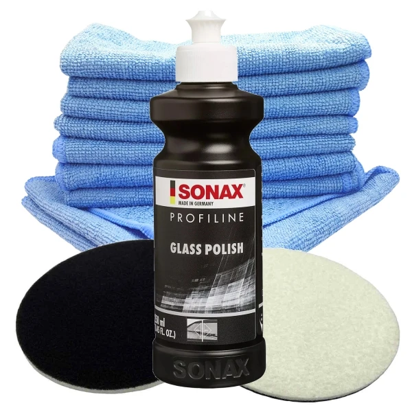 SONAX 250ml Glass Polish + 2 Stück Flexipads Ø75mm Glas-Polierpads + 20 Stück Craft-Equip Microfasertücher BLAU